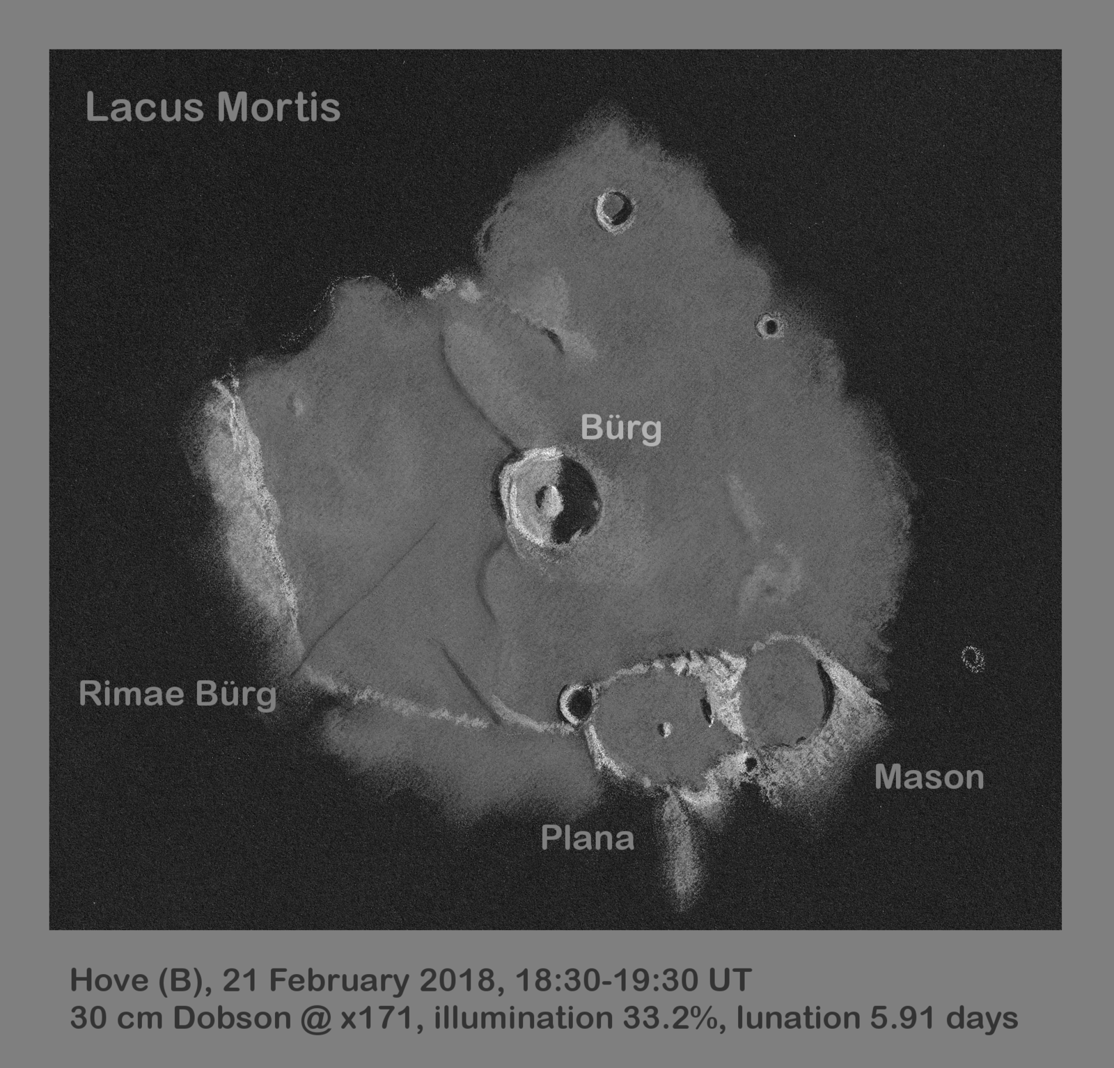 Lunar 034: Lacus Mortis (strange crater with rille and ridge)