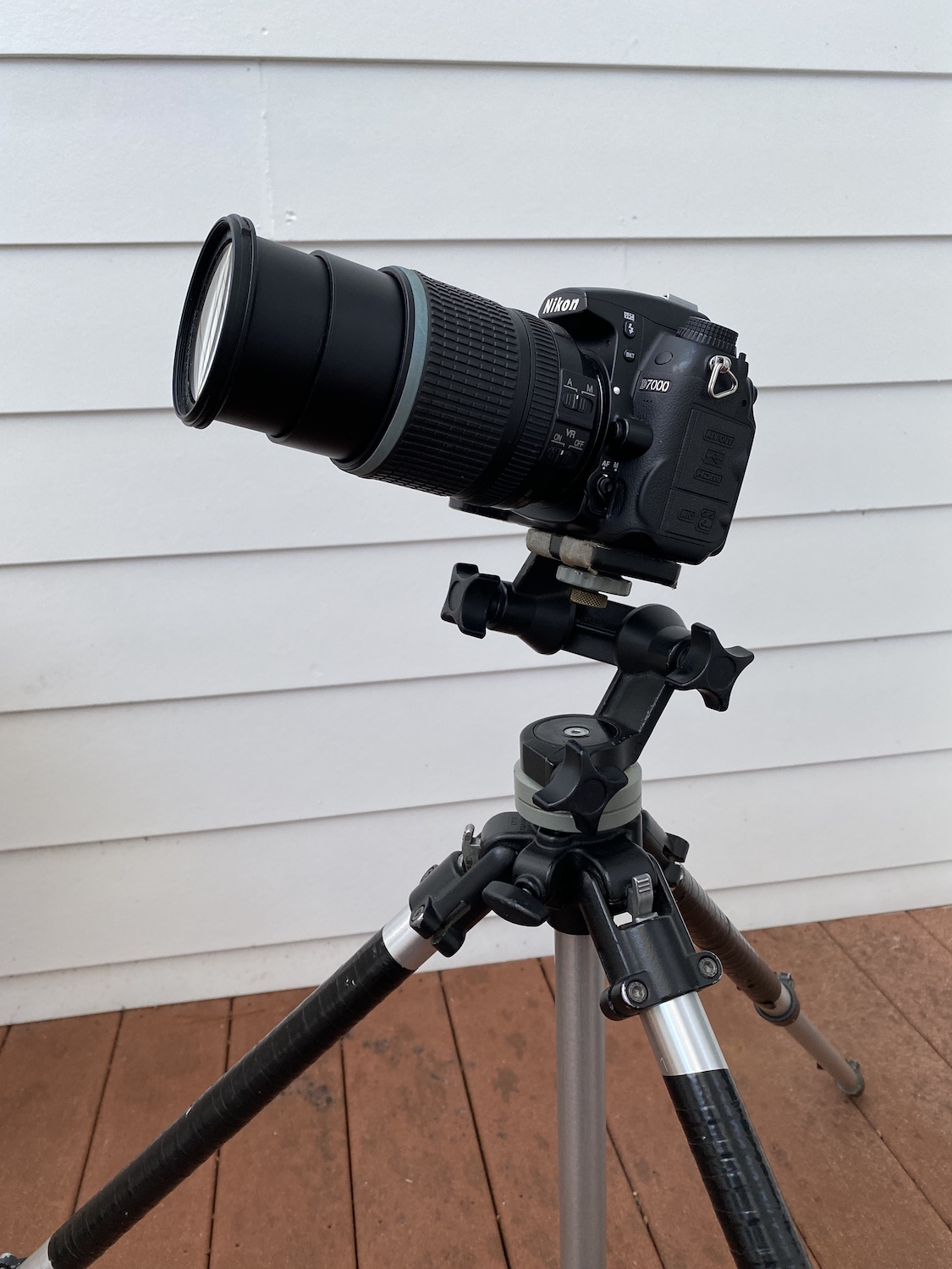 Nikon D7000 (unmodified), with Nikkor AF-S DX 18-140mm f/3.5-5.6 G ED VR zoom lens and sturdy camera tripod