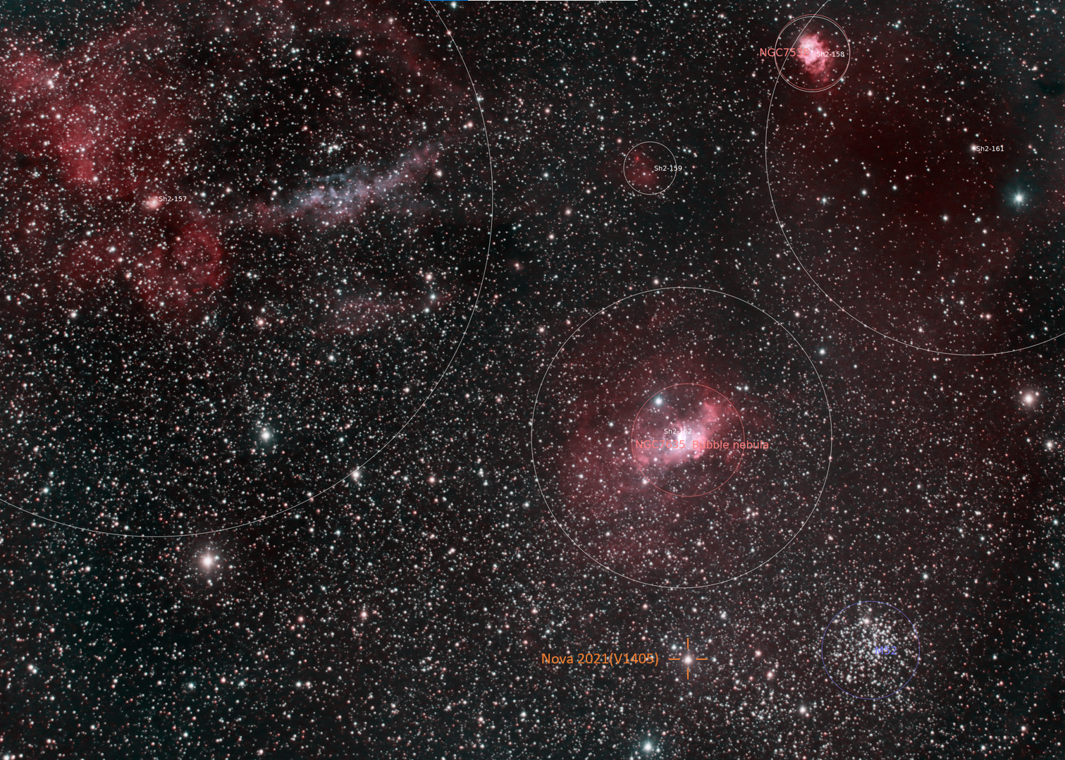 Crescent nebula hyperstar and Nova Cass 2021 (labels)