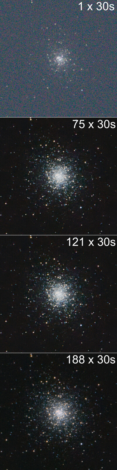 Messier 92 with different numbers of subexposures