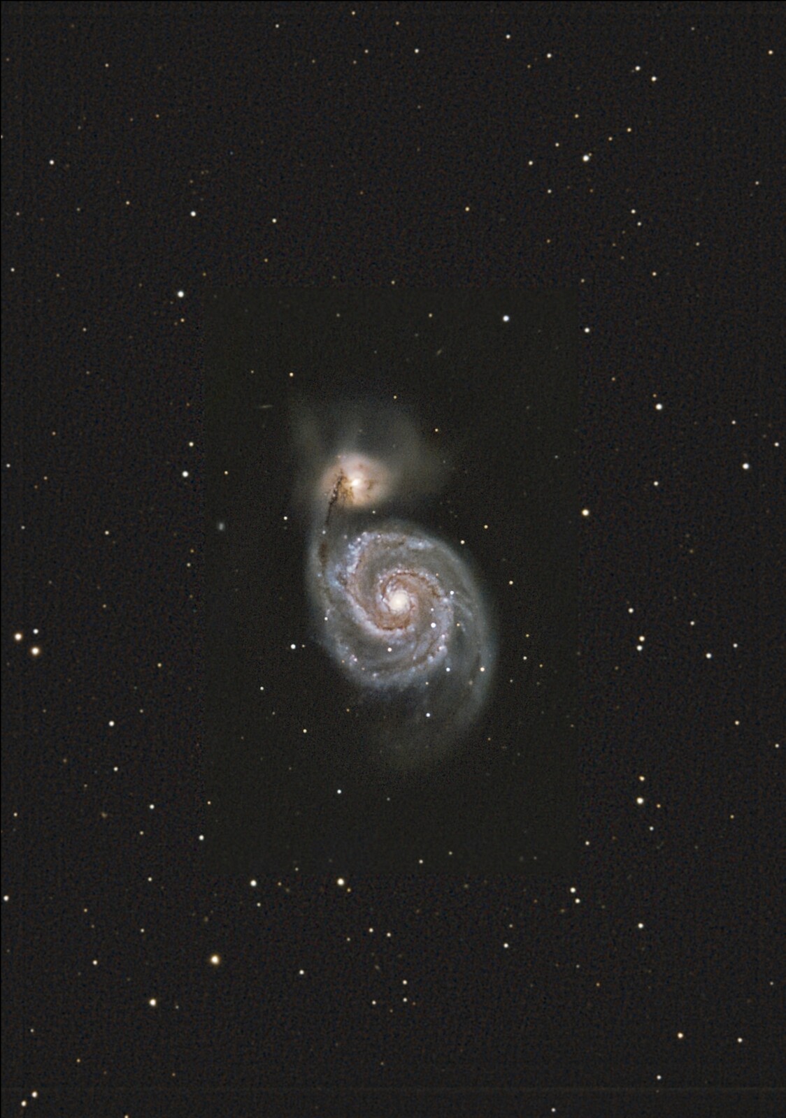 galaxy M51 from April 30th, 2019; C9.25 at 1600mm; mod. Canon 77d; 290x30 sec; uv_ir filter; no guiding, so  darks, no biasses; bortle 6-7 skies;