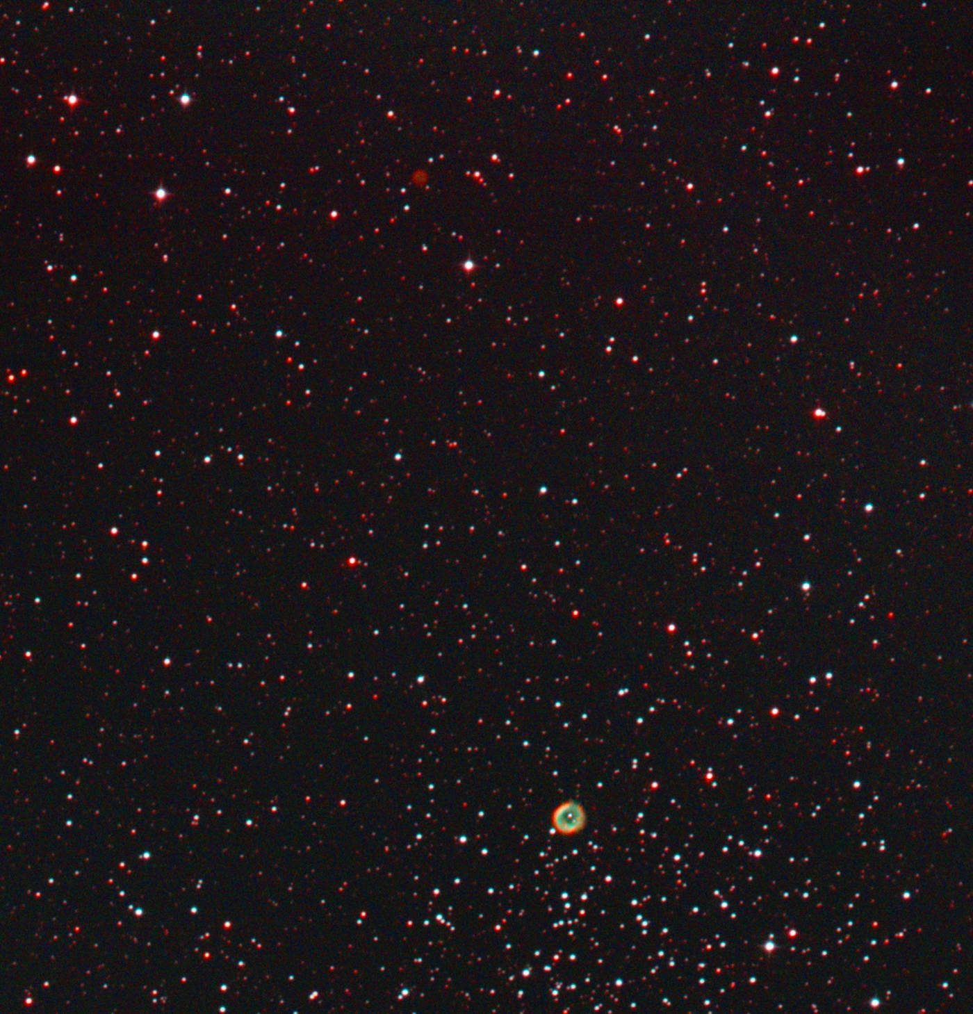 PN NGC 2438 (in M46; below) + PN Minkowski 1-18; (red dot; above) from February 12th, 2022; 10x10 min; 8" f/4 newtonian; mod. Canon 600d, 2 nebula filters in imagetrain;