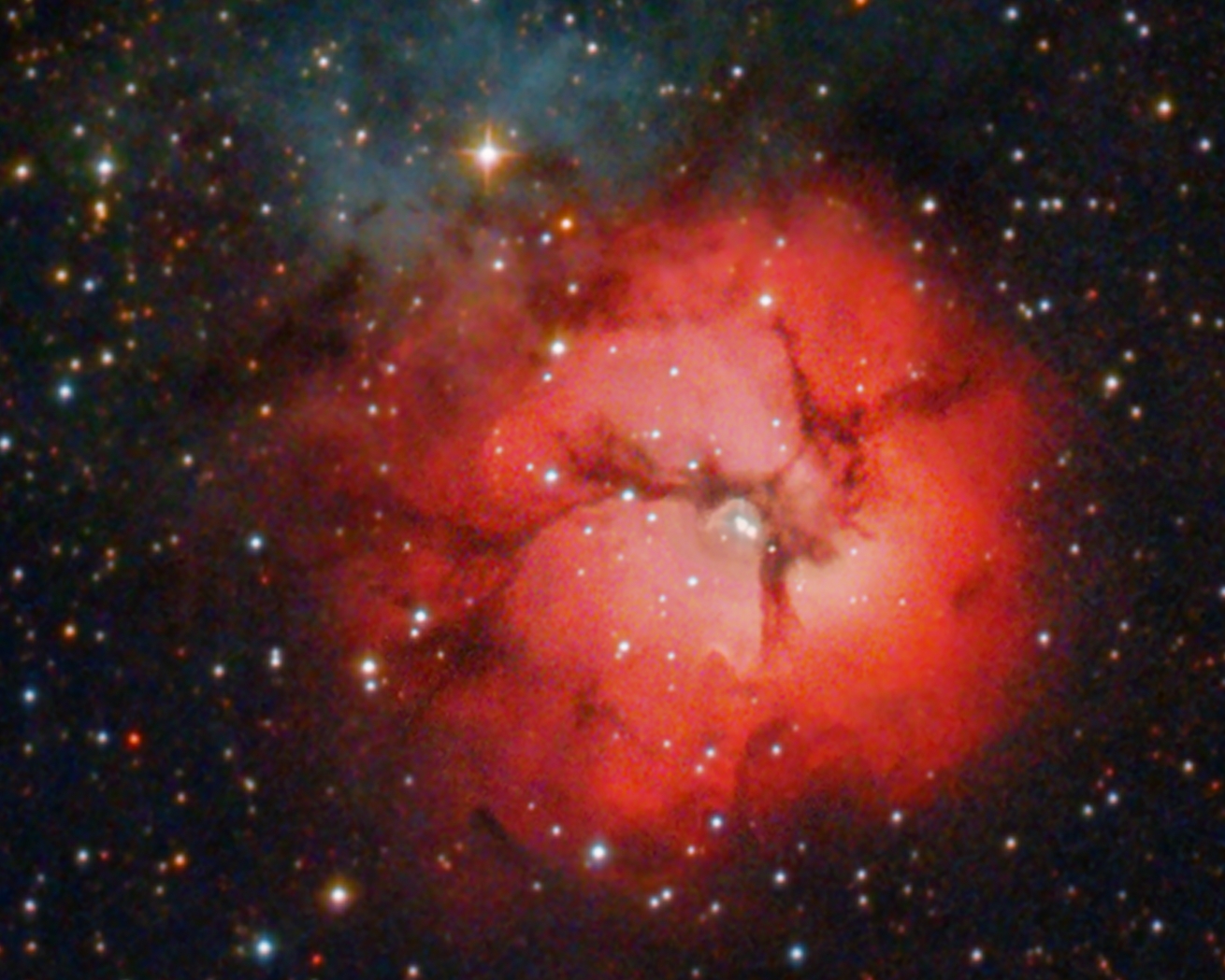 Trifid nebula M20 from May 30th 2021; 107x32s with 2 nebula-filters; 8" f/4 Newtonian; Canon 77da; a crop; and adding some color from 2017 with the 80mm APO without filter