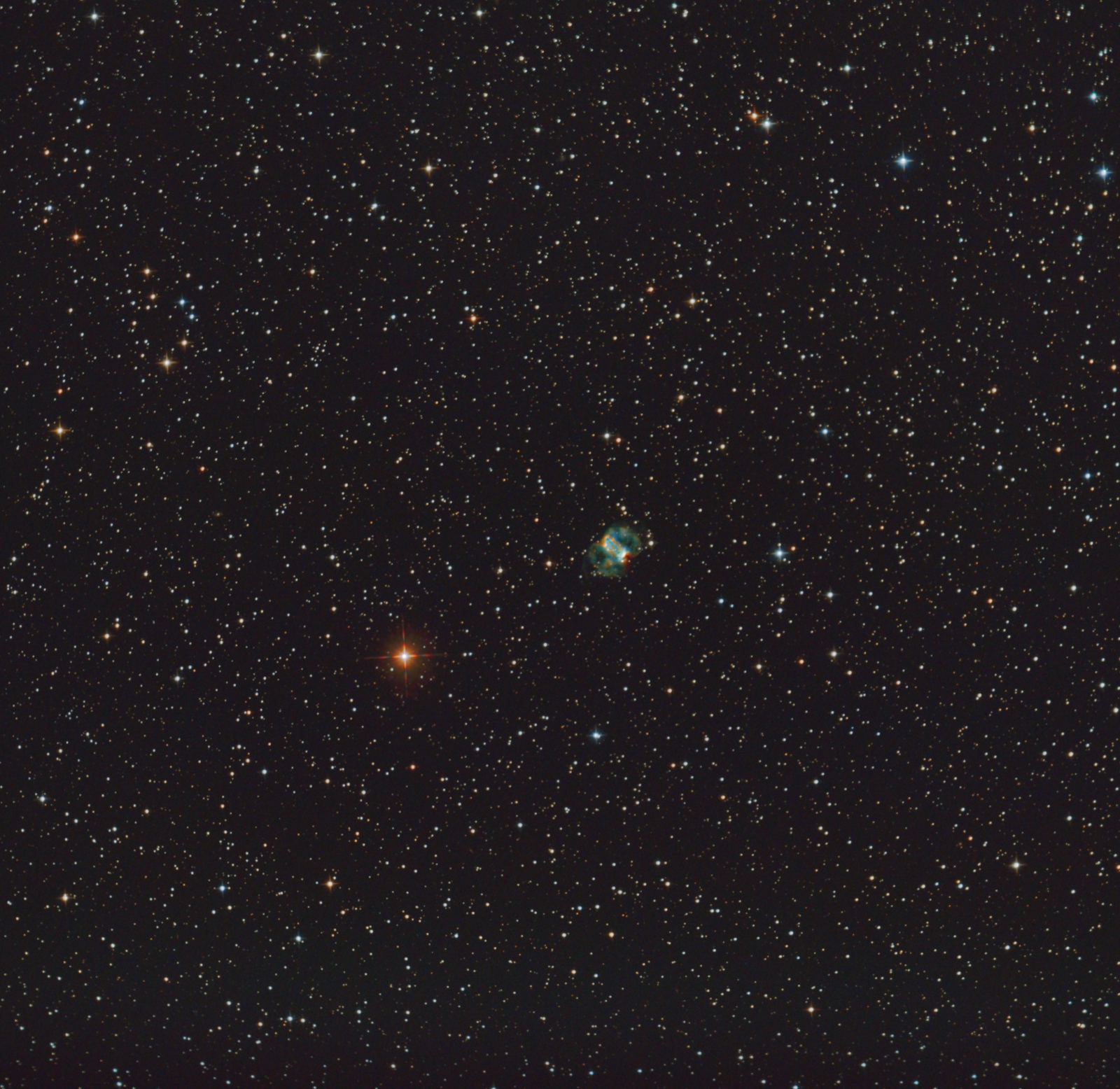 PN M76 more field; sum of 266x20sec with 2 nebula filters + 308x20sec with Baad-filter; 8" f/4 newton; mod. Canon 77d;  September 05th+07th, 2021; no darks, guiding;