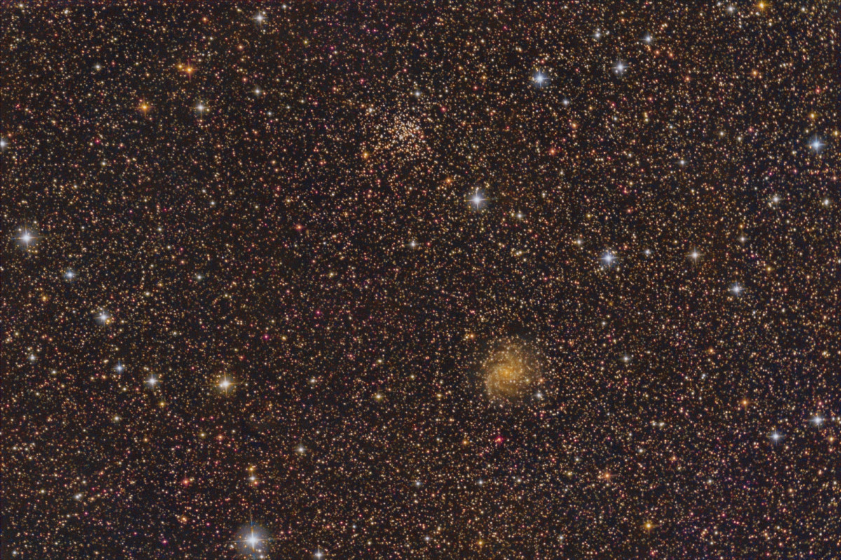 open cluster NGC 6939 and galaxy NGC 6946; 6" f/4 Newtonian + Canon 750d; from May 8th 2018; 31x3 min; no filter; bortle 7-8