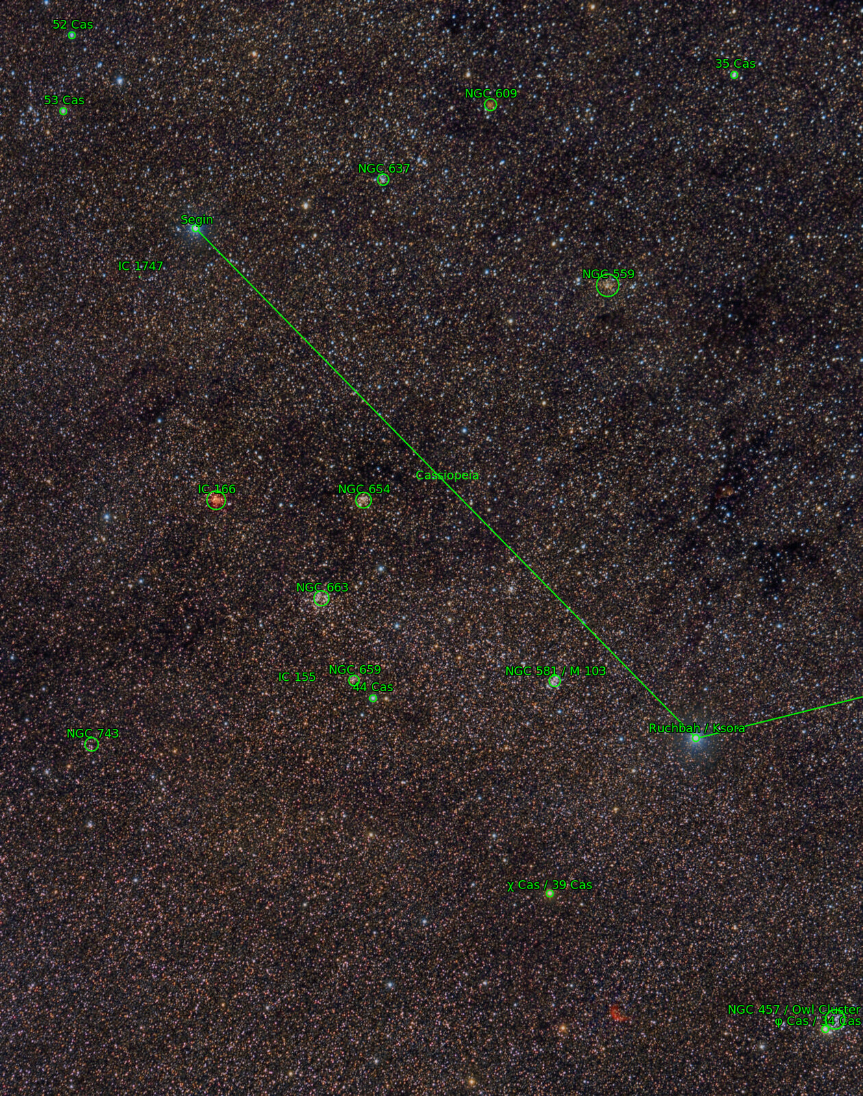 Cassiopeia-East widefield; Samyang 135mm; Canon 77da; 2h 22 min; from September 3rd 2021; annotated
