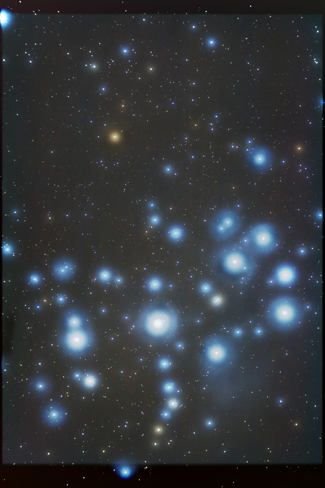 M45 Pleiades with a strong blur filter, Cokin P830 (as 2" filter) from October 2nd, 2011; ED80 at 560mm; 49x90sec; Canon 1000d; no guiding, flats, draks, biasse;