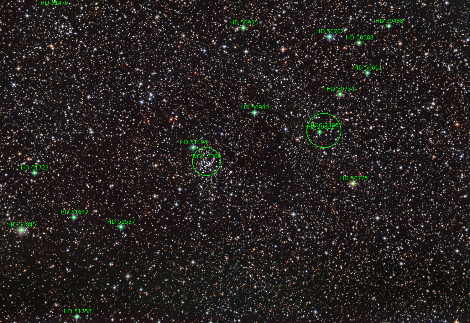 open clusters NGC2309 (left) NGC2306 (right) in monoceros; 240x30sec with 8" f/4 newtonian; from January 02nd, 2020; mod Canon 77d;with IDAS V4-filter;