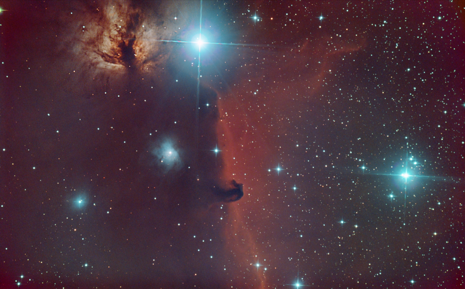B33 horsehead nebula and NGC 2024 flame nebula from December 19th, 2019; 8" f/4 newtonian, mod. Canon 77d; 310x32sec; IDAS V4 nebula filter;