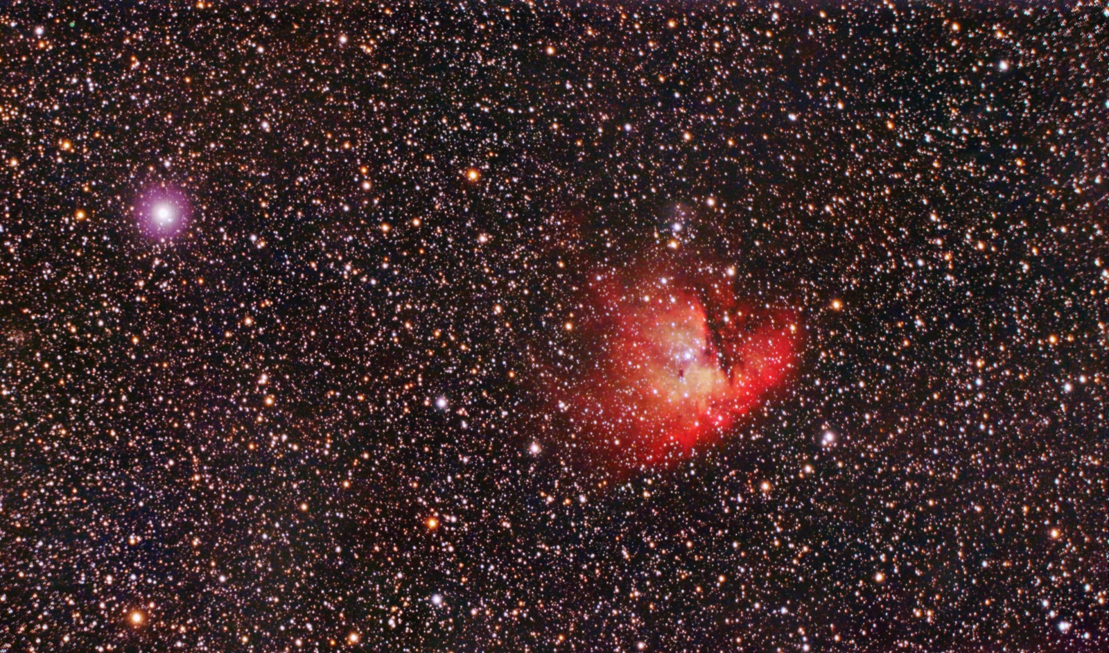 E-nebula NGC 281: 80mm APO at 384mm; modif. Canon 77d; 17x10 min from 2019 with filter, mixed with: 2017, 26x6 min mit Baader Skyglow f.; North = left