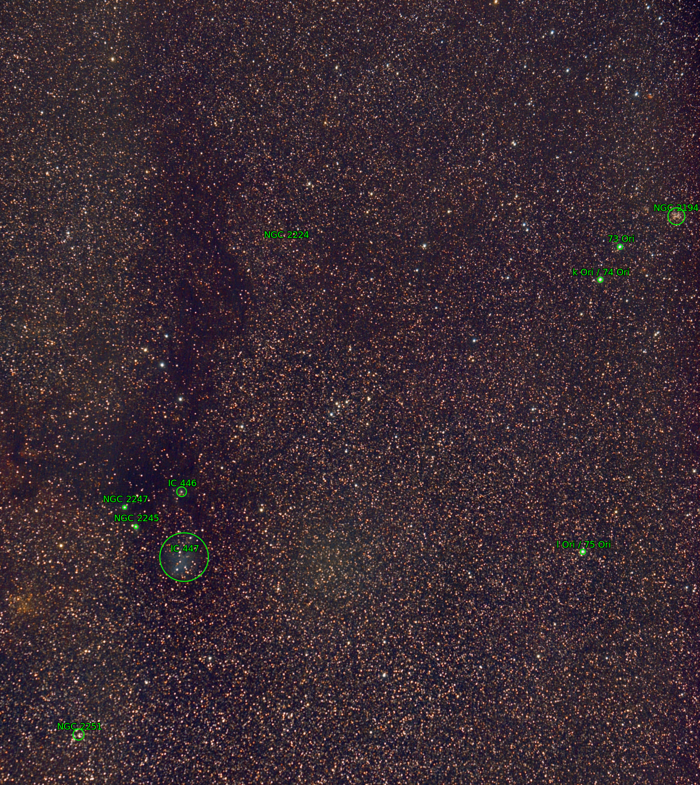 Unicorn widefield; Samyang 135mm; from February 3rd 2019; 110x30sec; annotated