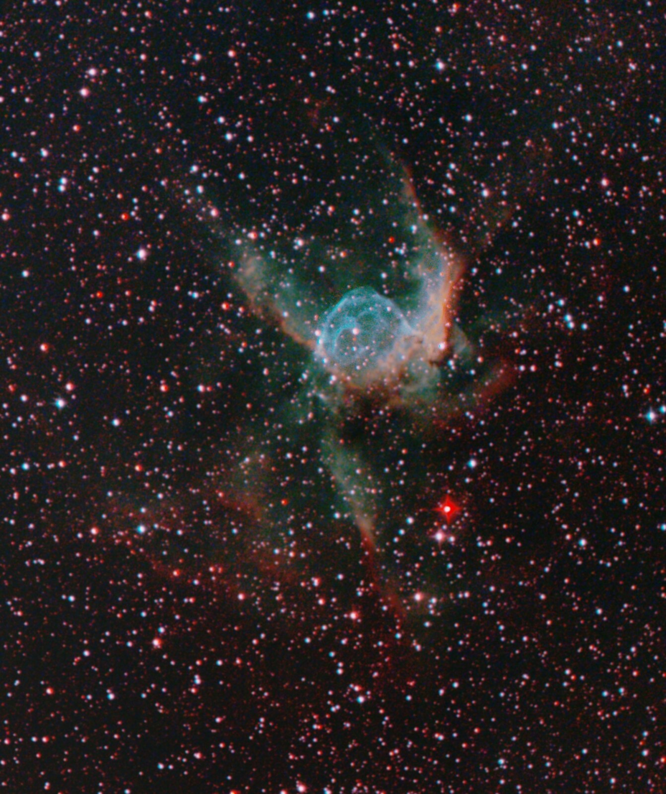 Thor's helmet NGC2359 from February 25th, 26th, 2022; total 32x10min; 8" f/4 newtonian and mod. Canon 600d; IDAS V4-filter + Astronomik UHC filter
