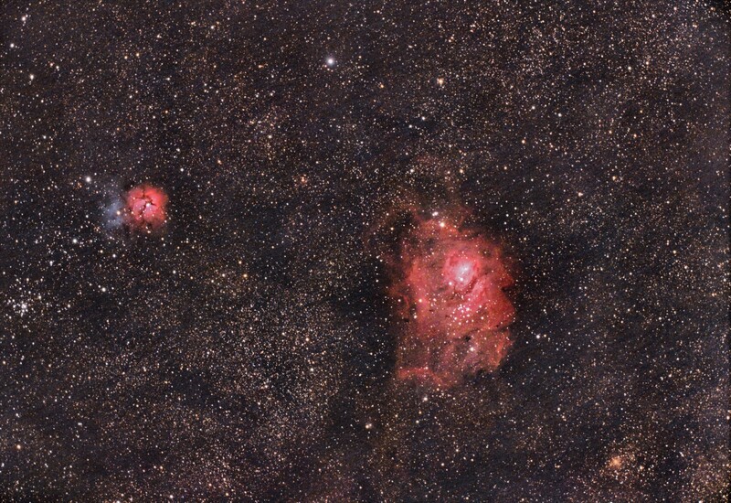 M8 + M20 widefield; 124x20 sec; 80mm APO at 384mm; warm mod.Canon 77d; weak Baader Skyglow filter; from June 14th, 2023; many hotpixel in M8! bortle 8 over industrial area;