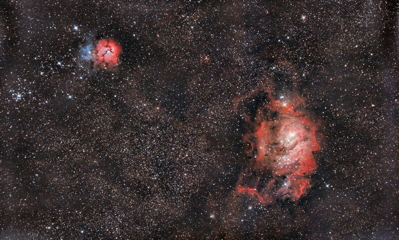 M8 + M20 Widefield; North=left; 128x20sec; 6" f/3 Newtonian; mod. Canon 77d; June 12th, 2023; Optolong l-pro filter; bortle 8 over industrial area; no moon;
