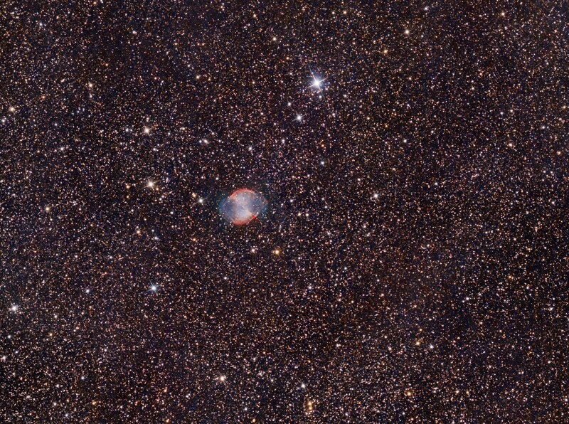 M 27 area: 6" f/3 Newtonian, mod. Canon 77d; 235x20 sec; uv_ir filter; a crop; from July 7th, 2023; ca. bortle 6 in SO (industrial area) + higher than M8 at the sky;