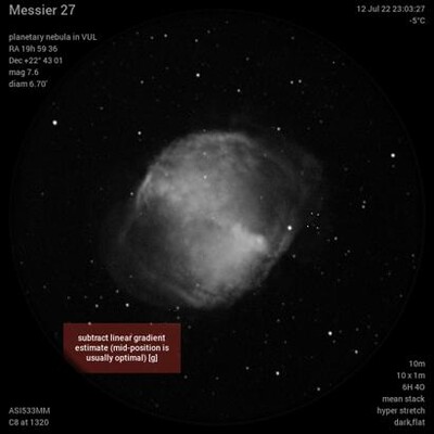 Messier 27 12Jul22 23 03 28 - HO (plus one L) mono stack, full moon