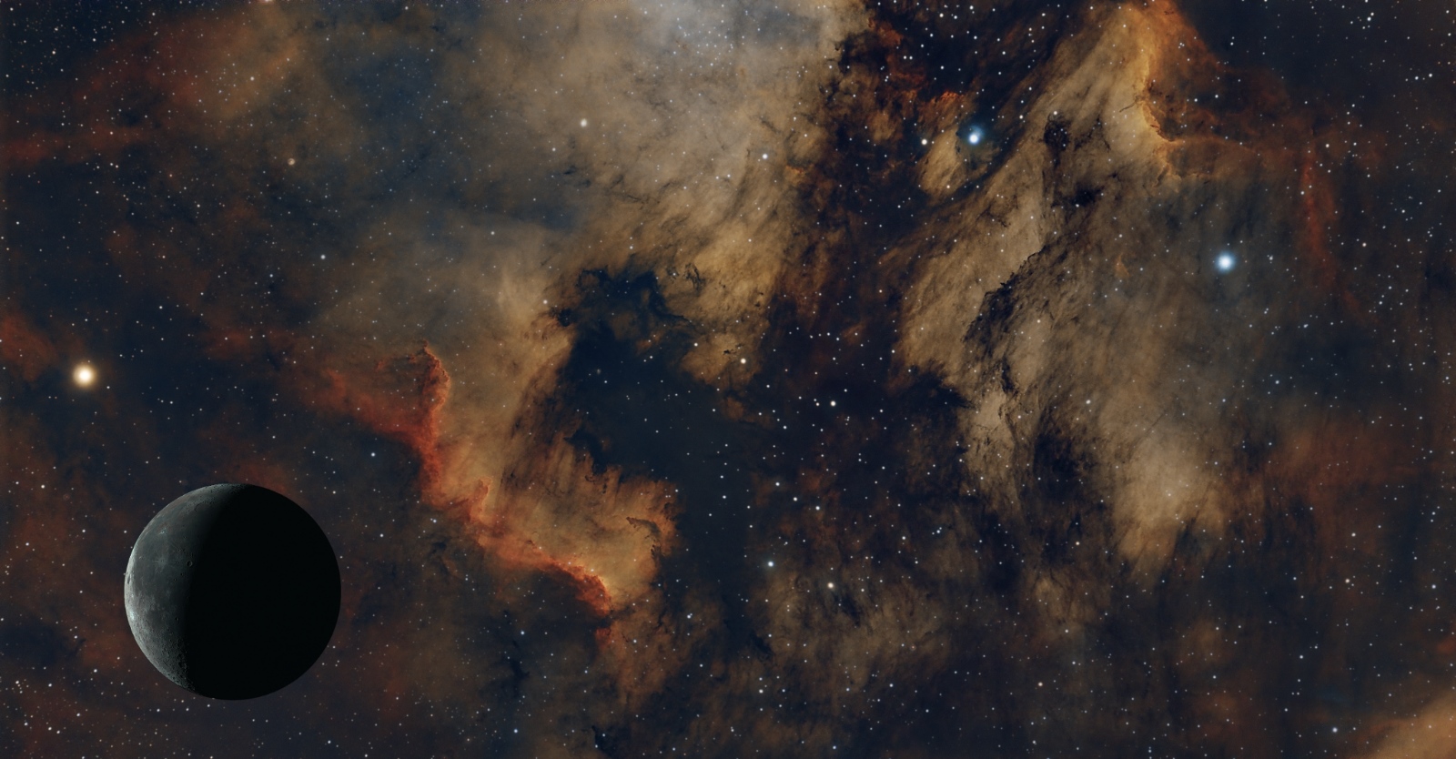 North American And Pelican Nebulae with Moon