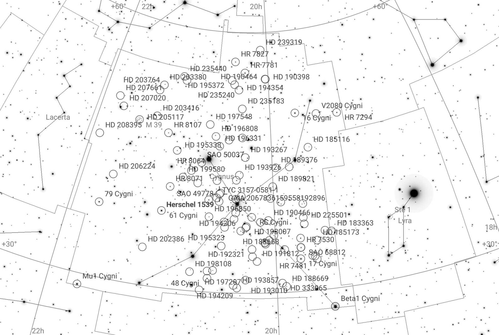 Cygnus    Sky Safari Chart with List Highlighted