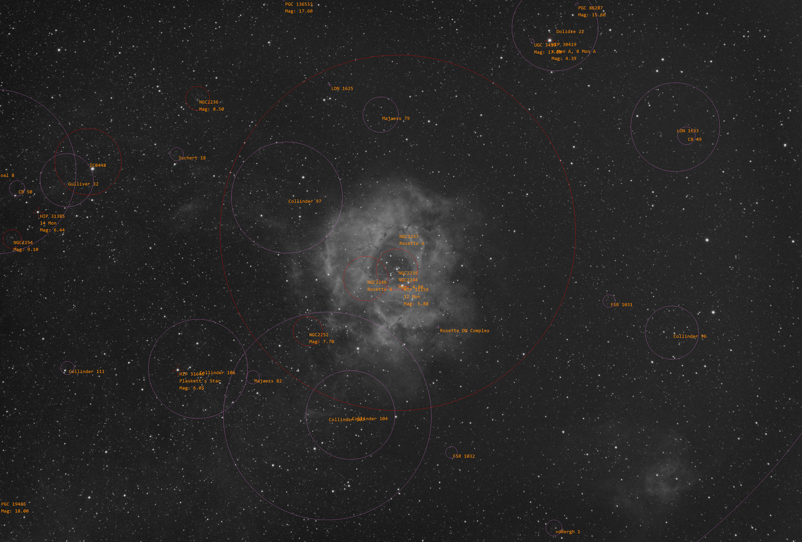 NGC2244 (35 Subs, 1050s) (H alpha)   22 27 17 WithAnnotations
