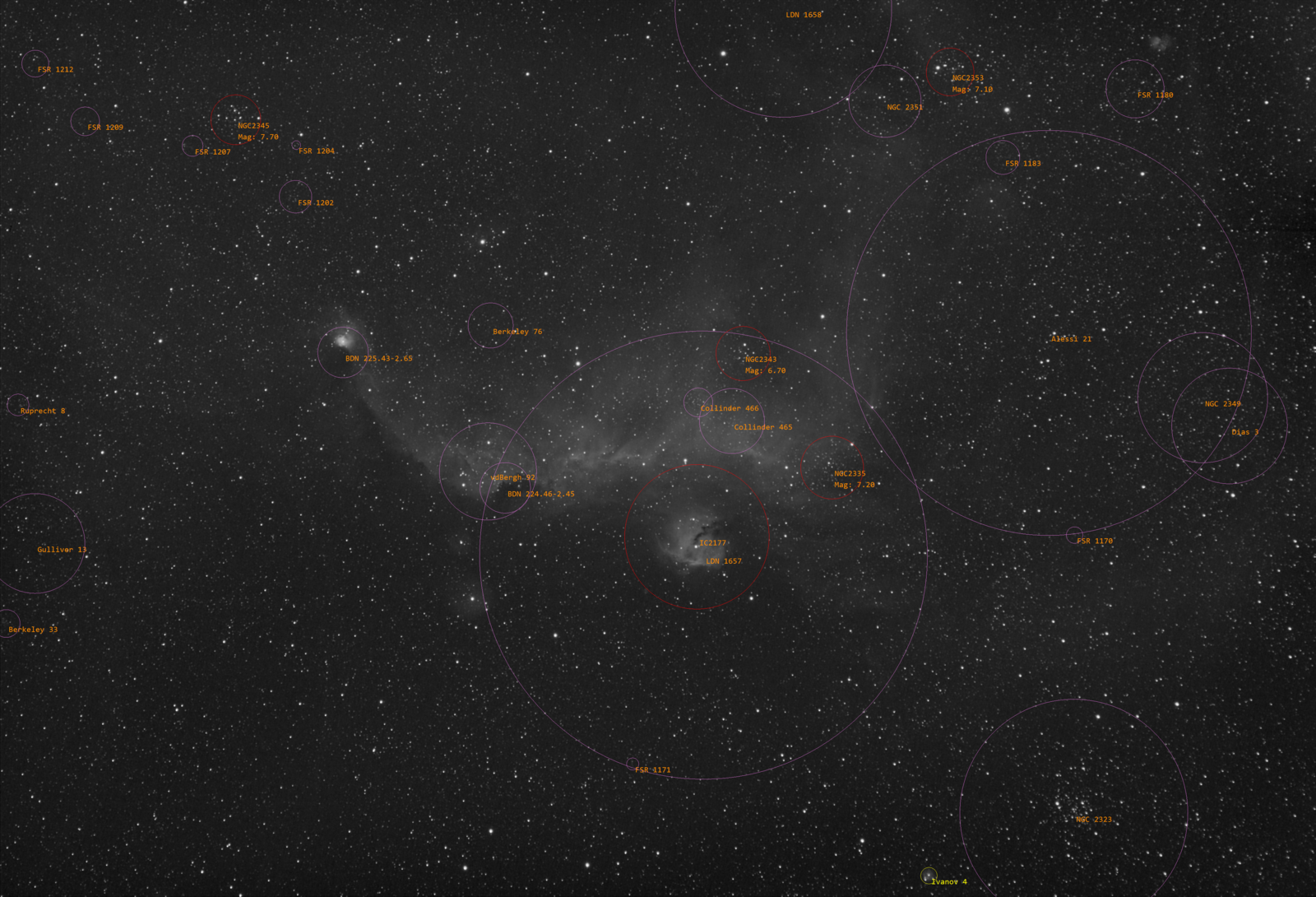 IC2177, M50, NGC2353, NGC2335, Cr466, NGC2345 (63 Subs, 1890s) (UV IR)   20 34 43 WithAnnotations