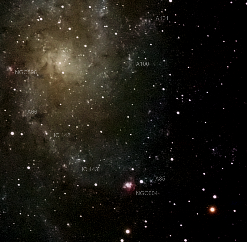 M33 (NGC 598,Triangulum Pinwheel Galaxy) (65 Subs, 3900s) (UV IR) (Cropped, Labels)