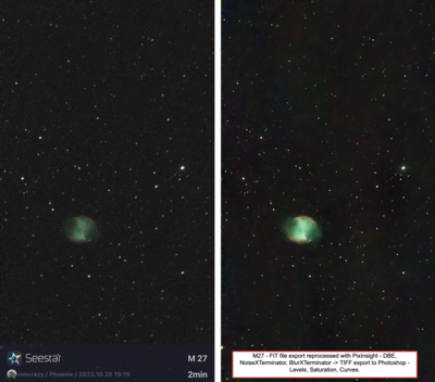 M27 - Comparison of jpg Seestar version vs FIT export reprocessed externally
