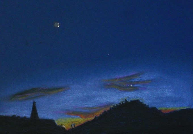 2 day Old Moon with Mercury and Venus pastel sketch