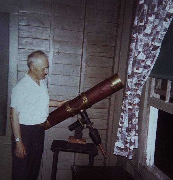 Leslie Peltier with his 6-inch Fitz Comet Seeker tube and mount displayed inside the transit room of the 12-inch Clark observatory