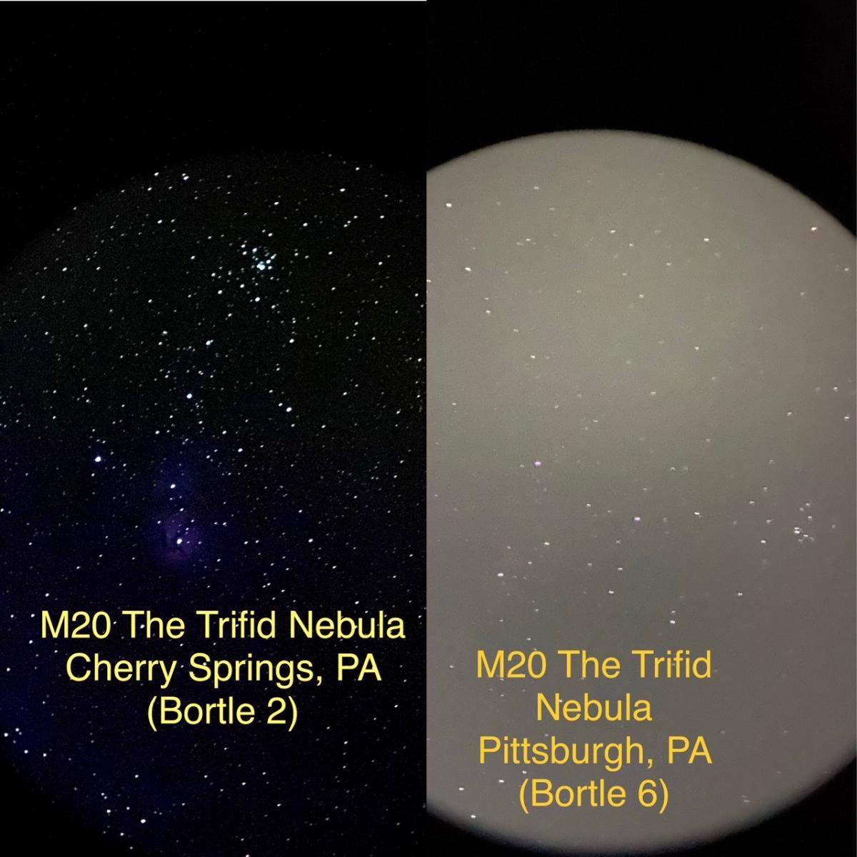 M20 comparison Cherry Springs, PA (Bortle 2) vs Pittsburgh, PA (Bortle 6) - Light Pollution